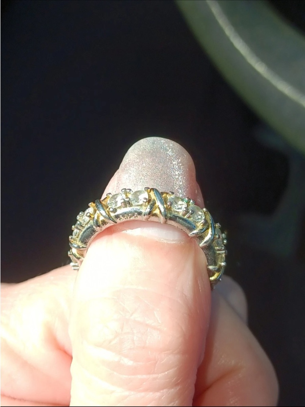 Sterling Silver 925 & Gold-Plated Eternity Ring with Round White Stones XO Band